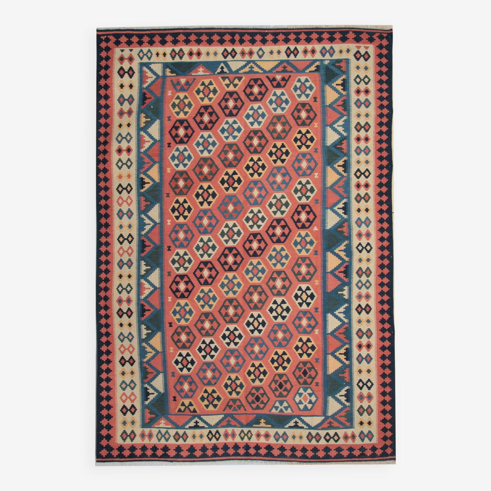Tapis De Couloir Kilim Vintage à Tissage Plat Rouge, Bleu Et Terracotta, 323 X 218 Cm