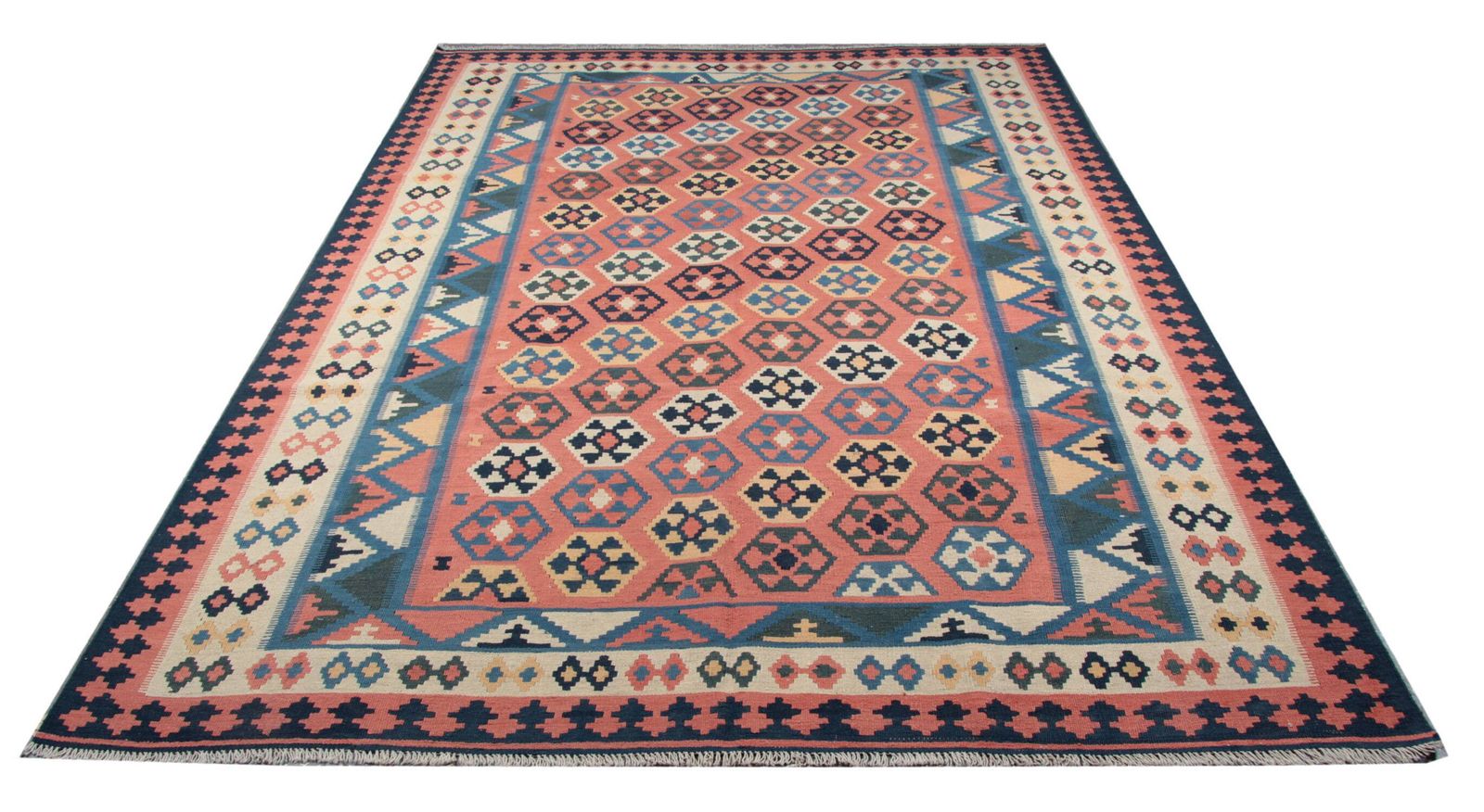Tapis De Couloir Kilim Vintage à Tissage Plat Rouge, Bleu Et Terracotta, 323 X 218 Cm photo Textiles