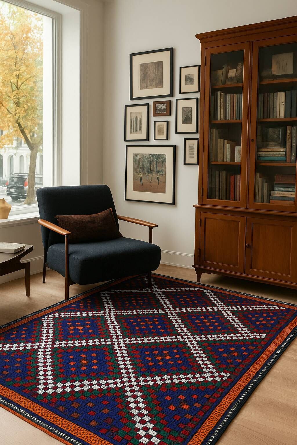 Turkman Kilim Rug, Flat Weave Geometric Burgundy And Navy Blue, 314 × 174 Cm photo furniture