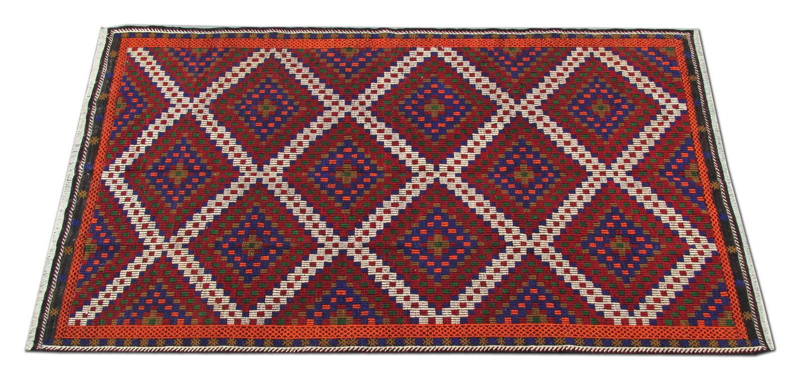 Turkman Kilim Rug, Flat Weave Geometric Burgundy And Navy Blue, 314 × 174 Cm photo Textiles