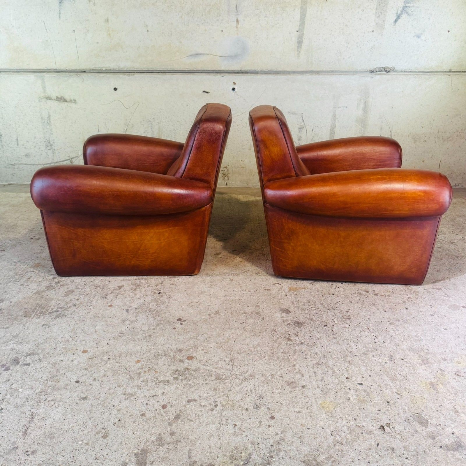Pair Of Vintage Art Deco Style Italian Tan Leather Club Chairs By Baxter #A765 photo buy