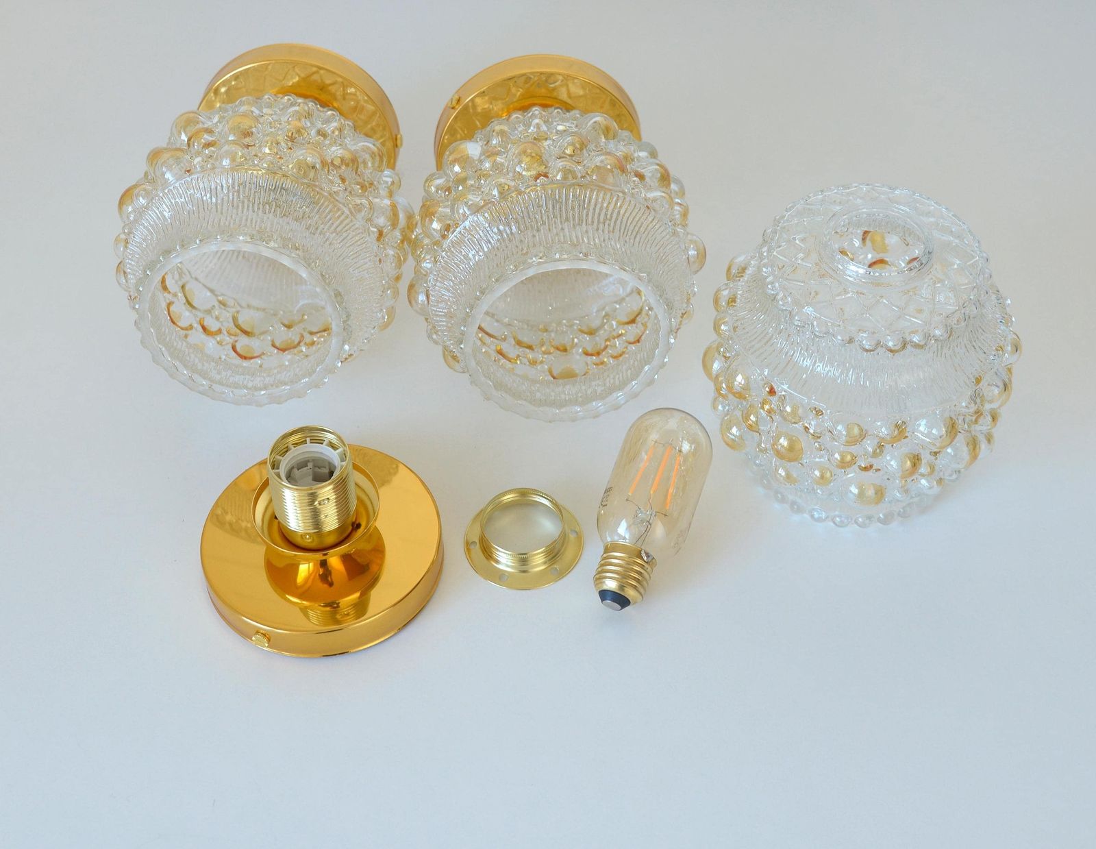 184.0 1 Of 3 Hand Blown Bubble Glass Sconce Lamps / Redesign Vintage Flush Mount Light / Gold Ceiling Lighting photo