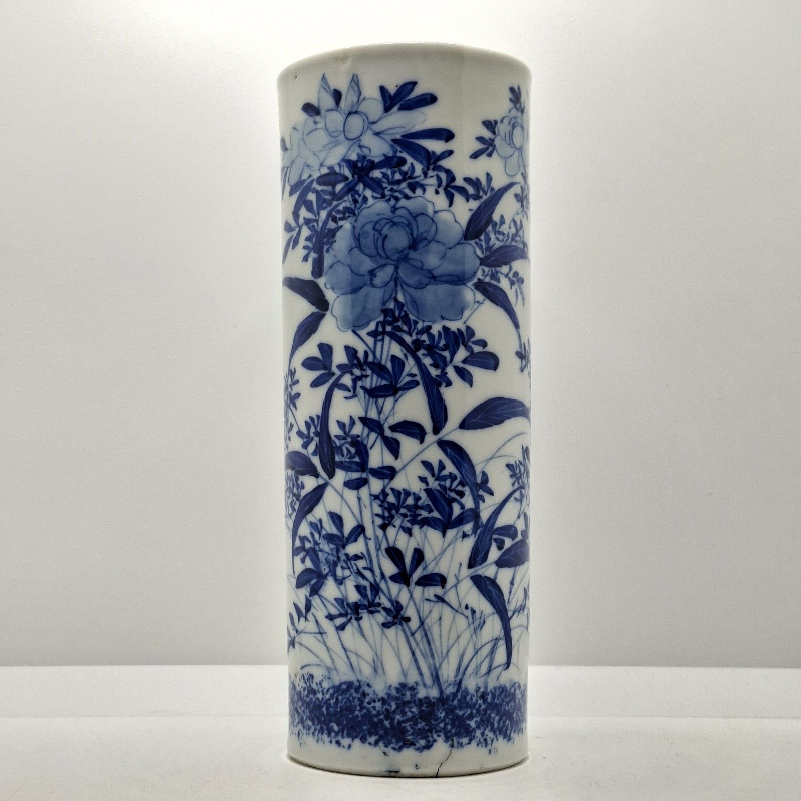 Japanese Seto Ware Porcelain Brush Pot Vase Meiji Era Antique Blue White Floral