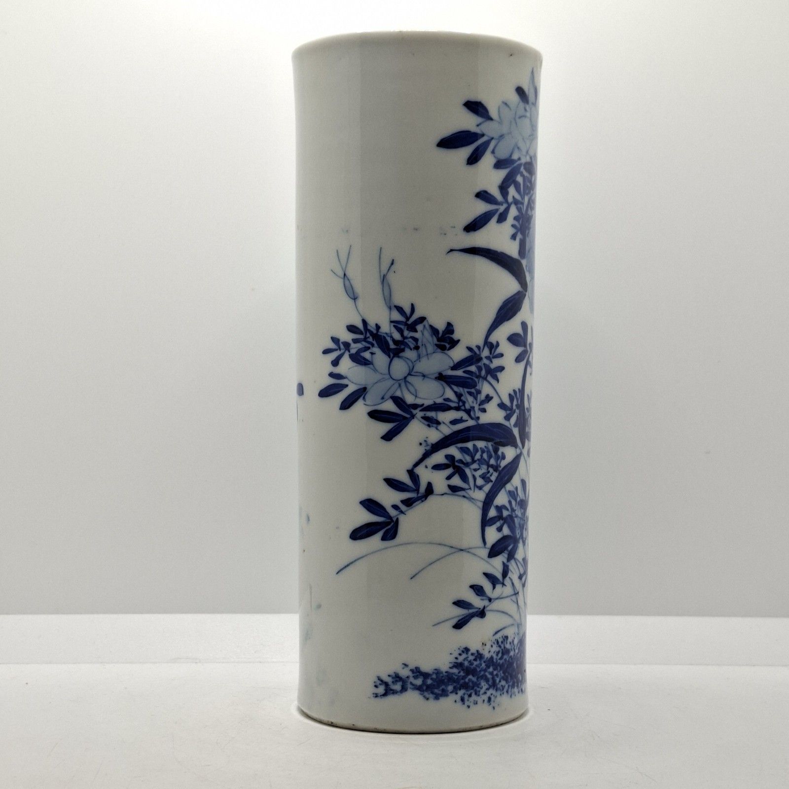 Japanese Seto Ware Porcelain Brush Pot Vase Meiji Era Antique Blue White Floral photo furniture