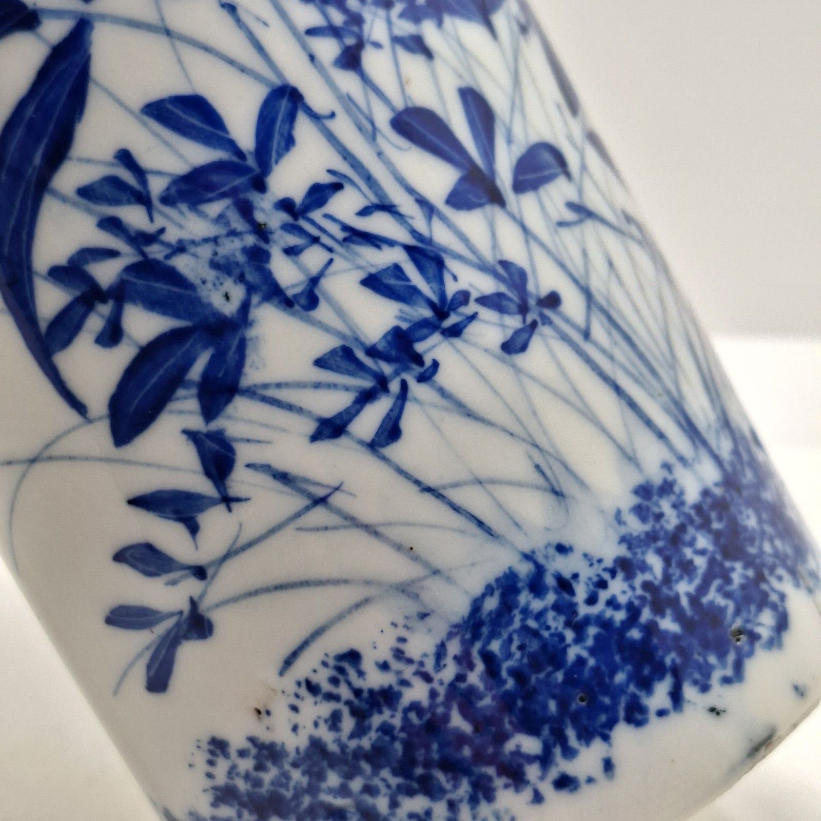 Japanese Seto Ware Porcelain Brush Pot Vase Meiji Era Antique Blue White Floral photo vinterior