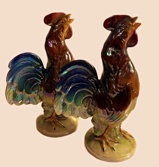 Pair Of Lustreware Cockerels By Jema Holland