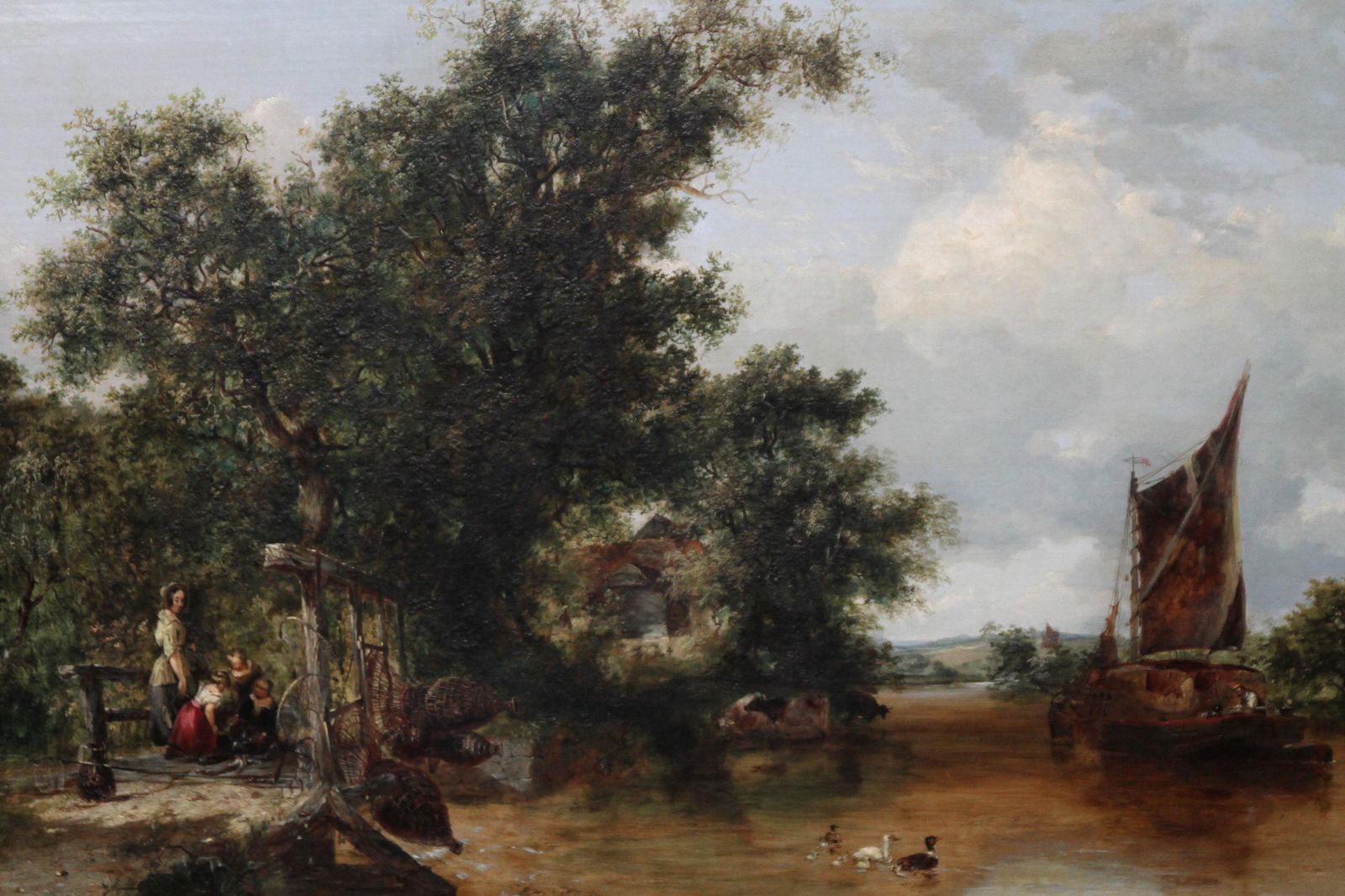Pulling In The Creel Nets   British Victorian Art River Landscape Oil Paintingcirca 1865 photo for sale