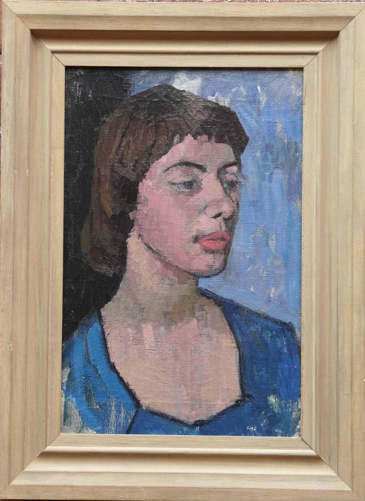 photo for sale Peter L Fieldportrait Of Girl In Blue Dress   British Post Impressionist 50s Art Oil Paintingcirca 1955