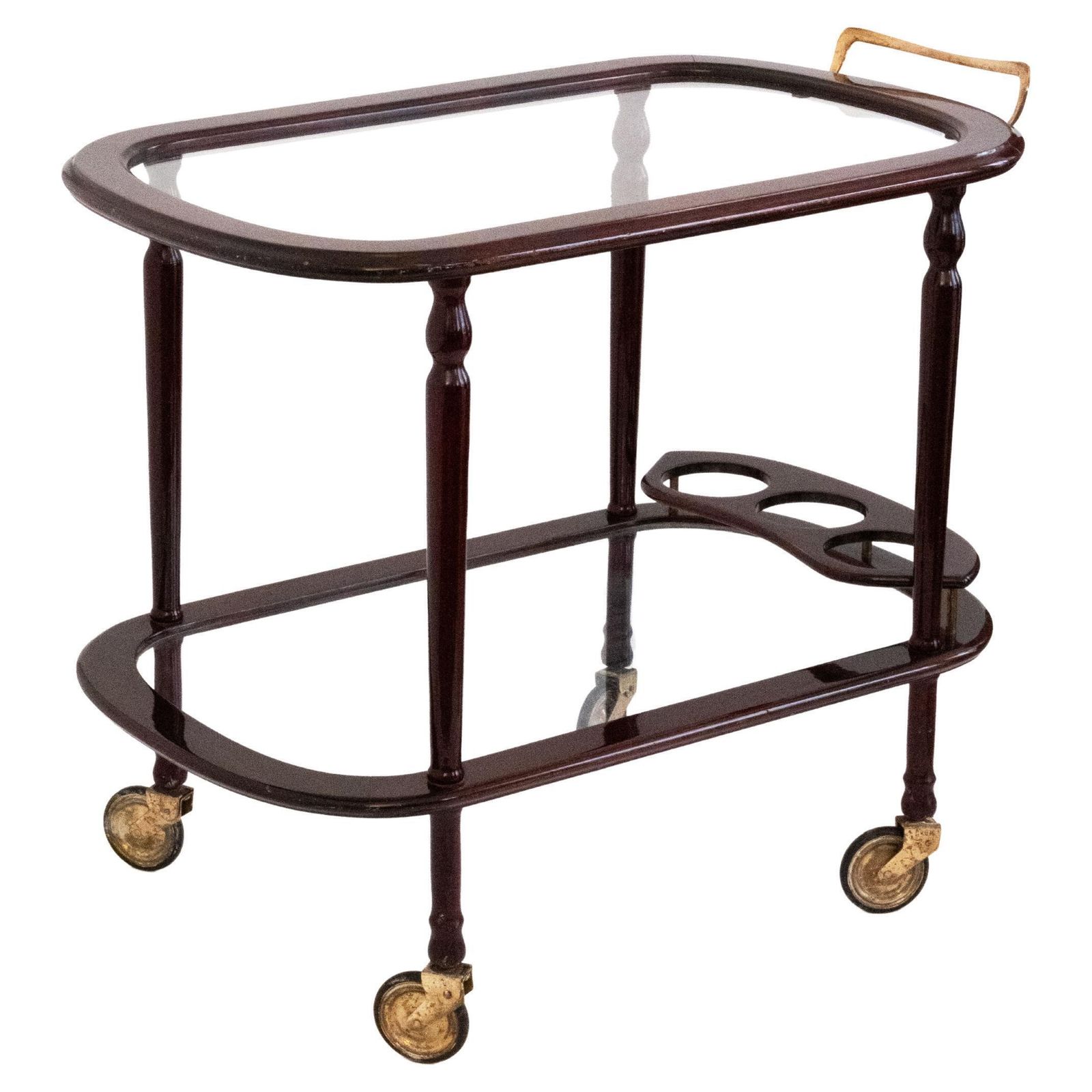 20th C. Two Tier Serving Cart In Varnished Wood & Glass With Brass Details, 1940