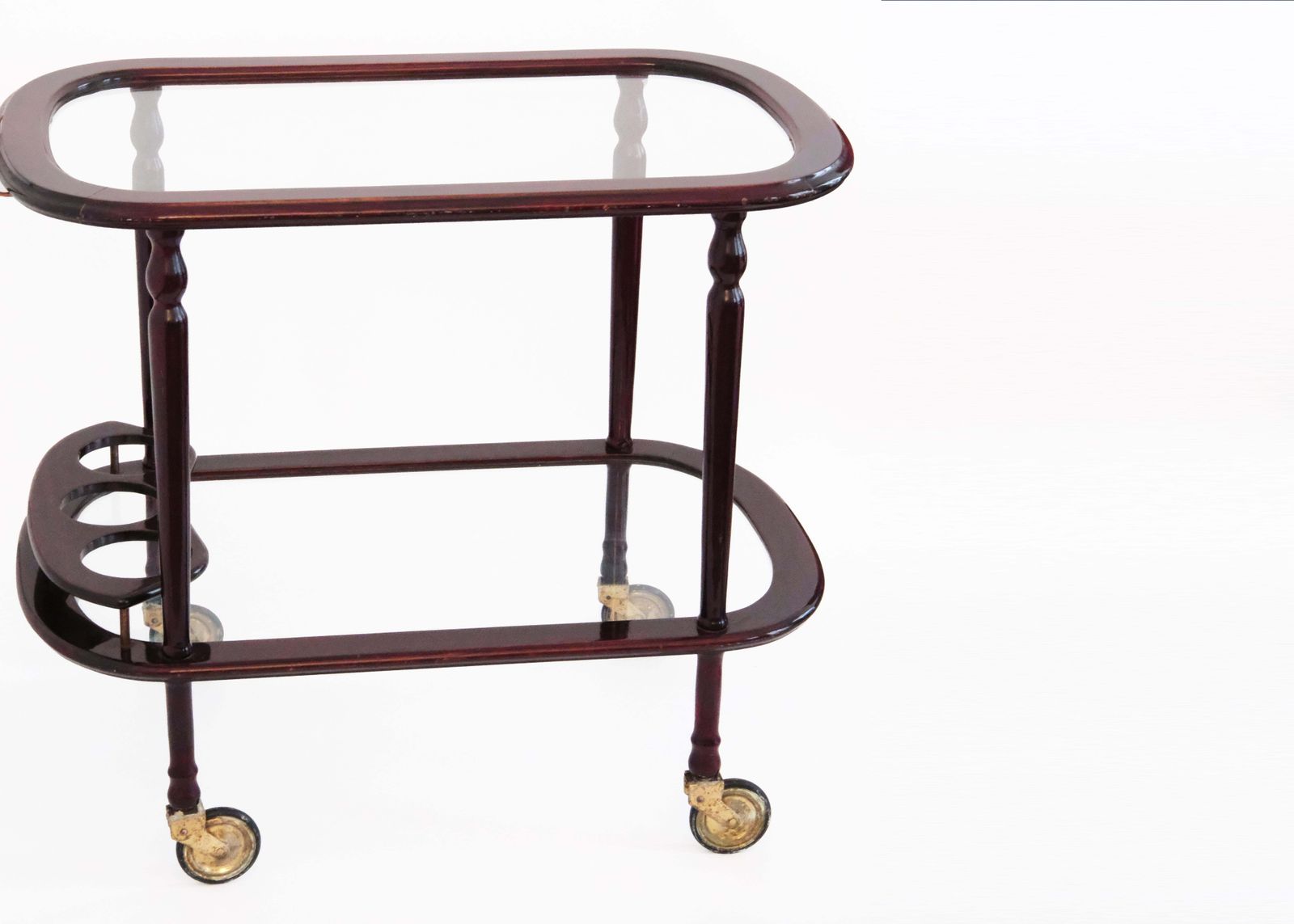 20th C. Two Tier Serving Cart In Varnished Wood & Glass With Brass Details, 1940 photo for sale
