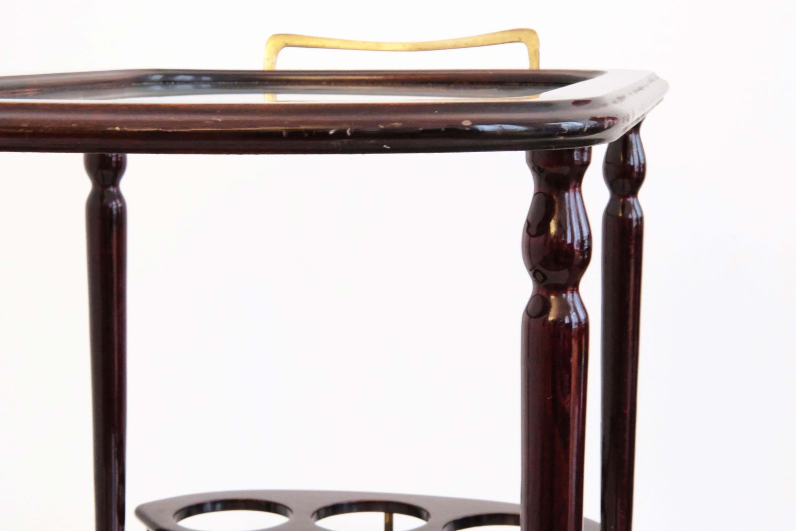 20th C. Two Tier Serving Cart In Varnished Wood & Glass With Brass Details, 1940 photo vintage
