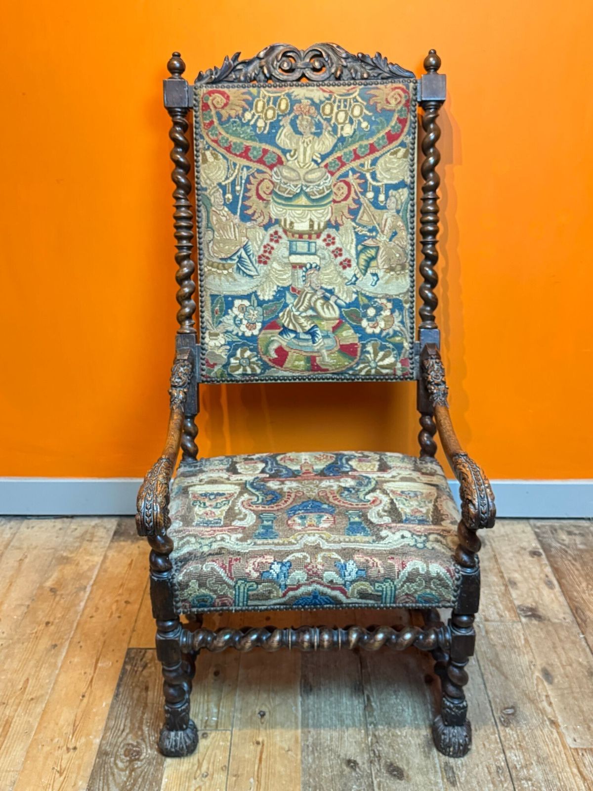French 17th Century Carved Oak Armchair With Upholstery photo vinterior