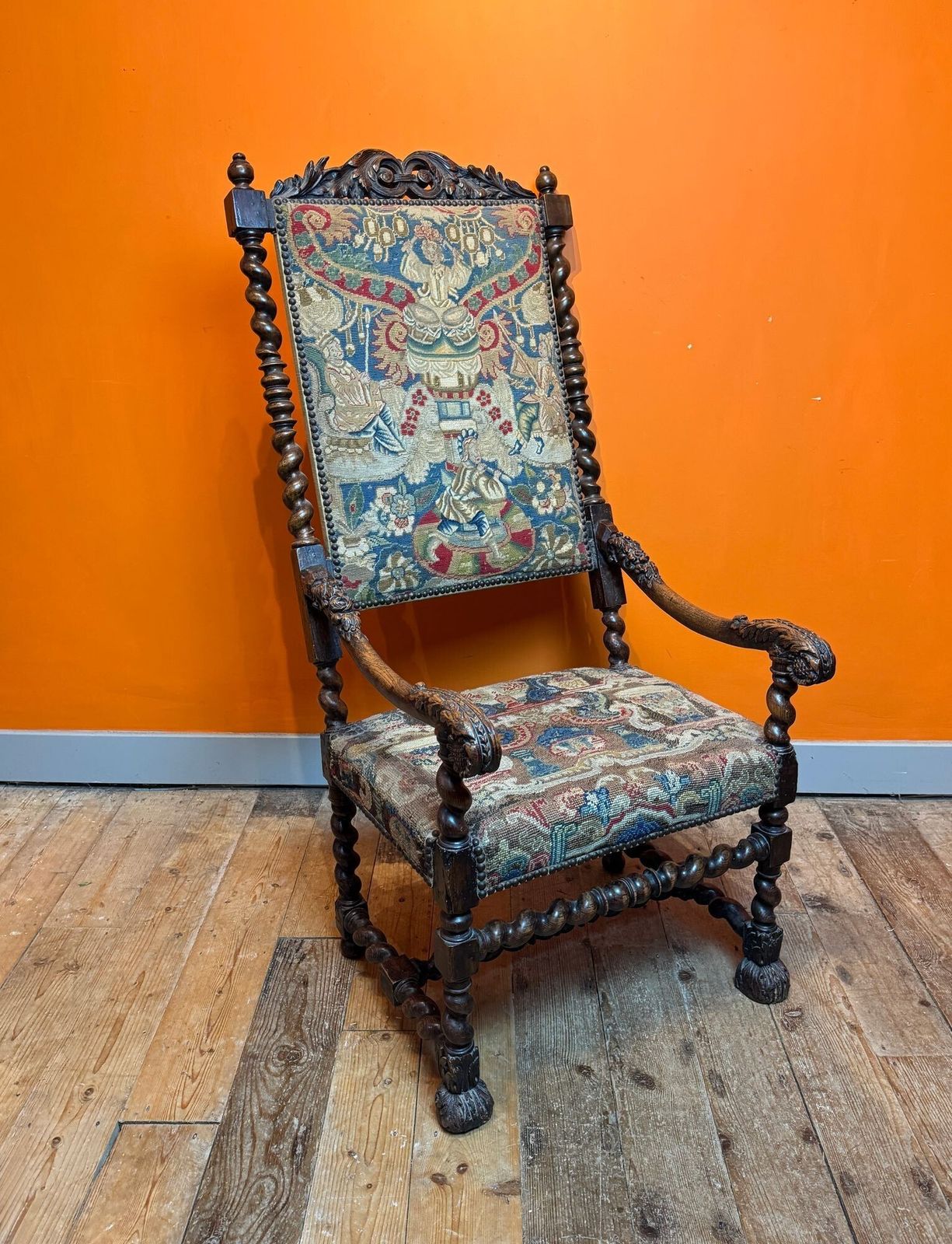 French 17th Century Carved Oak Armchair With Upholstery photo vintage