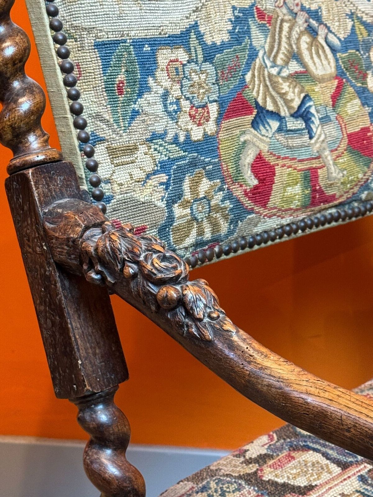 photo for sale French 17th Century Carved Oak Armchair With Upholstery