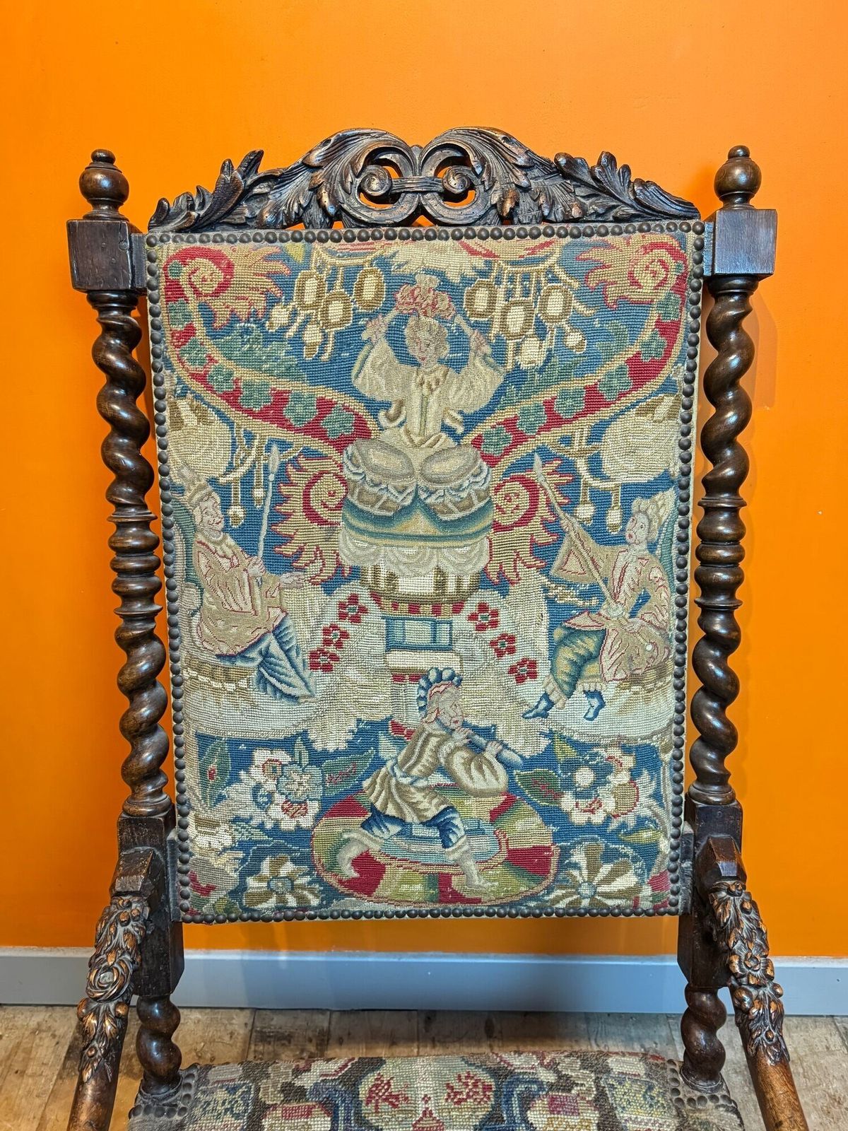 Furniture French 17th Century Carved Oak Armchair With Upholstery photo