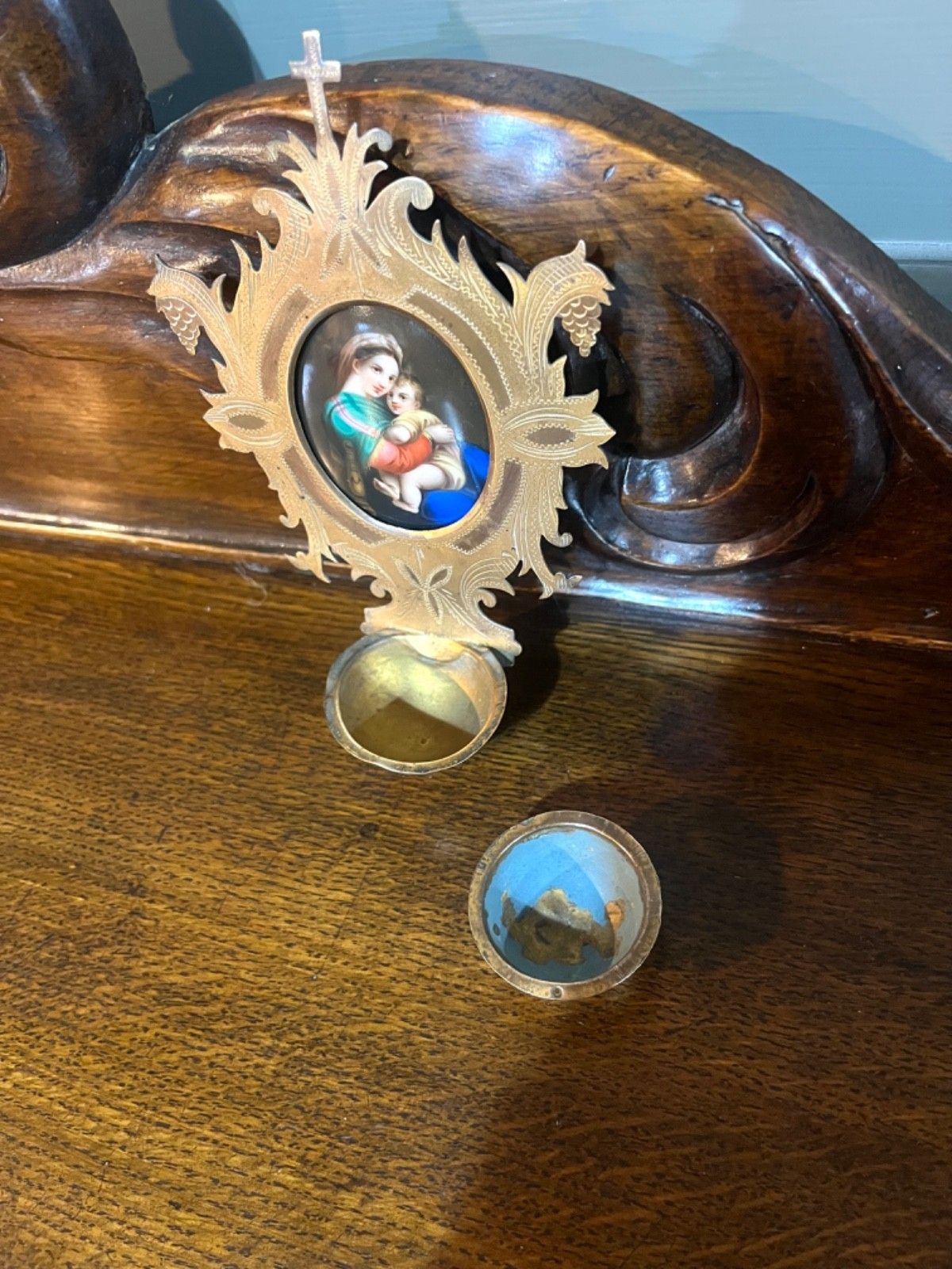 Antique Holy Water Font, Benitier,  Madonna & Child, French, Enamel On Porcelain photo for sale
