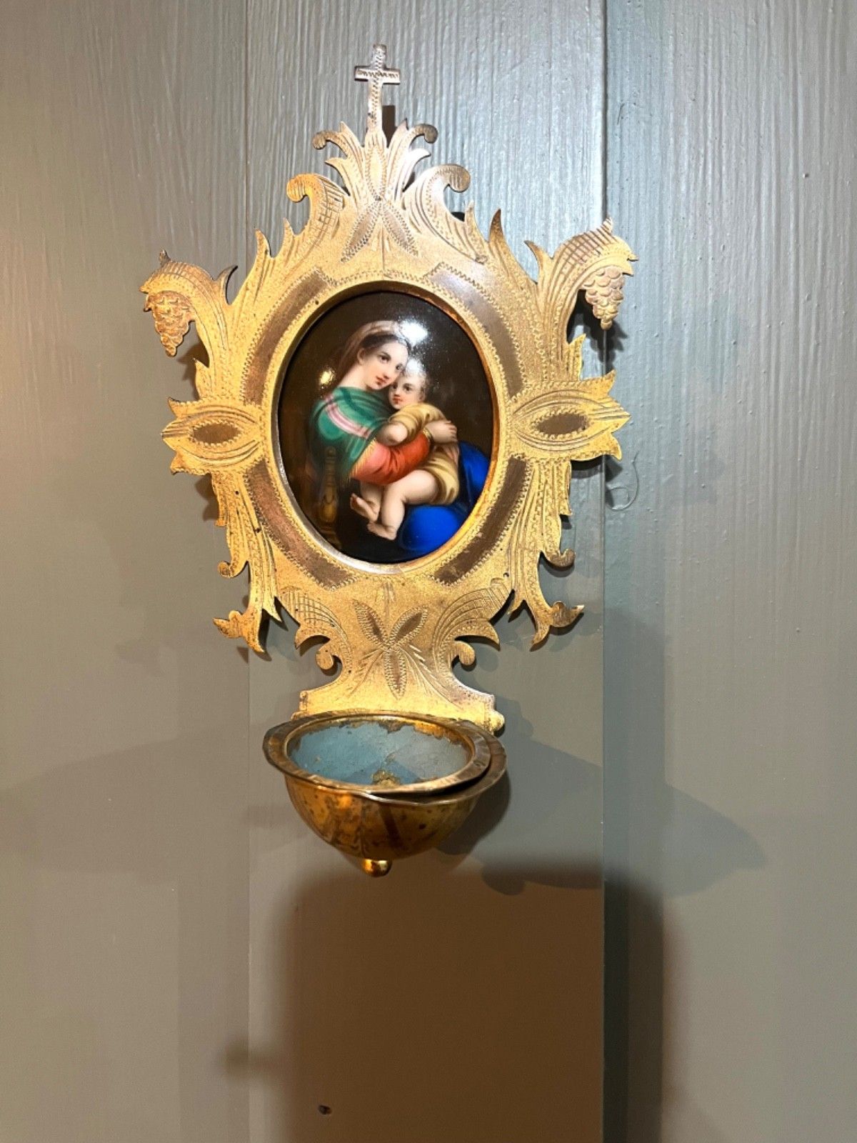 Antique Holy Water Font, Benitier,  Madonna & Child, French, Enamel On Porcelain photo Art