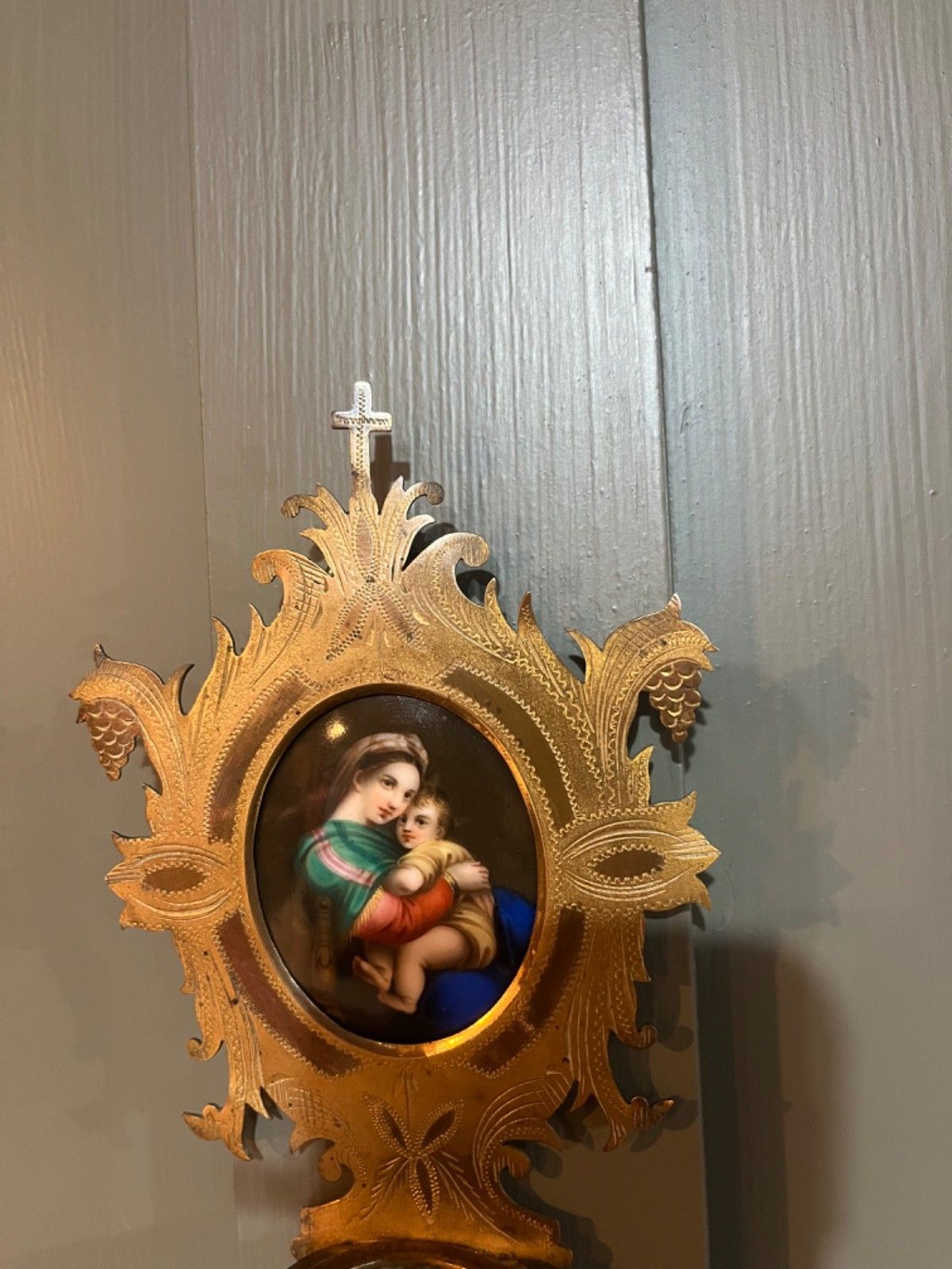 Antique Holy Water Font, Benitier,  Madonna & Child, French, Enamel On Porcelain photo vinterior