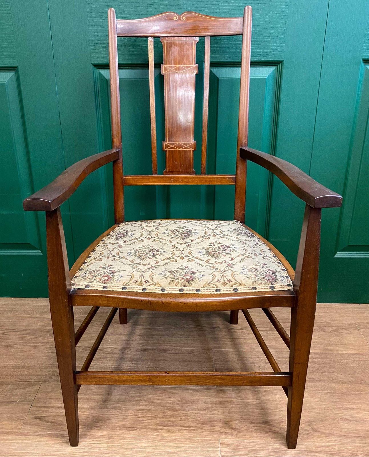 Antique Edwardian Inlaid Mahogany Carver Chair With Tapestry Style Seat photo for sale