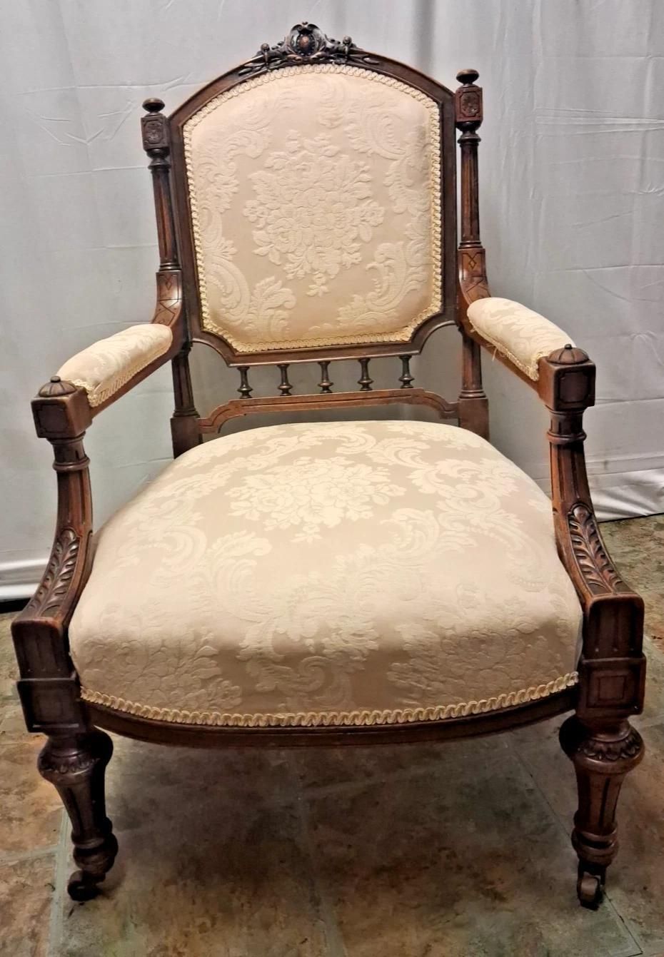Antique 19th Century Upholstered Library Chair With Gorgeous Carvings