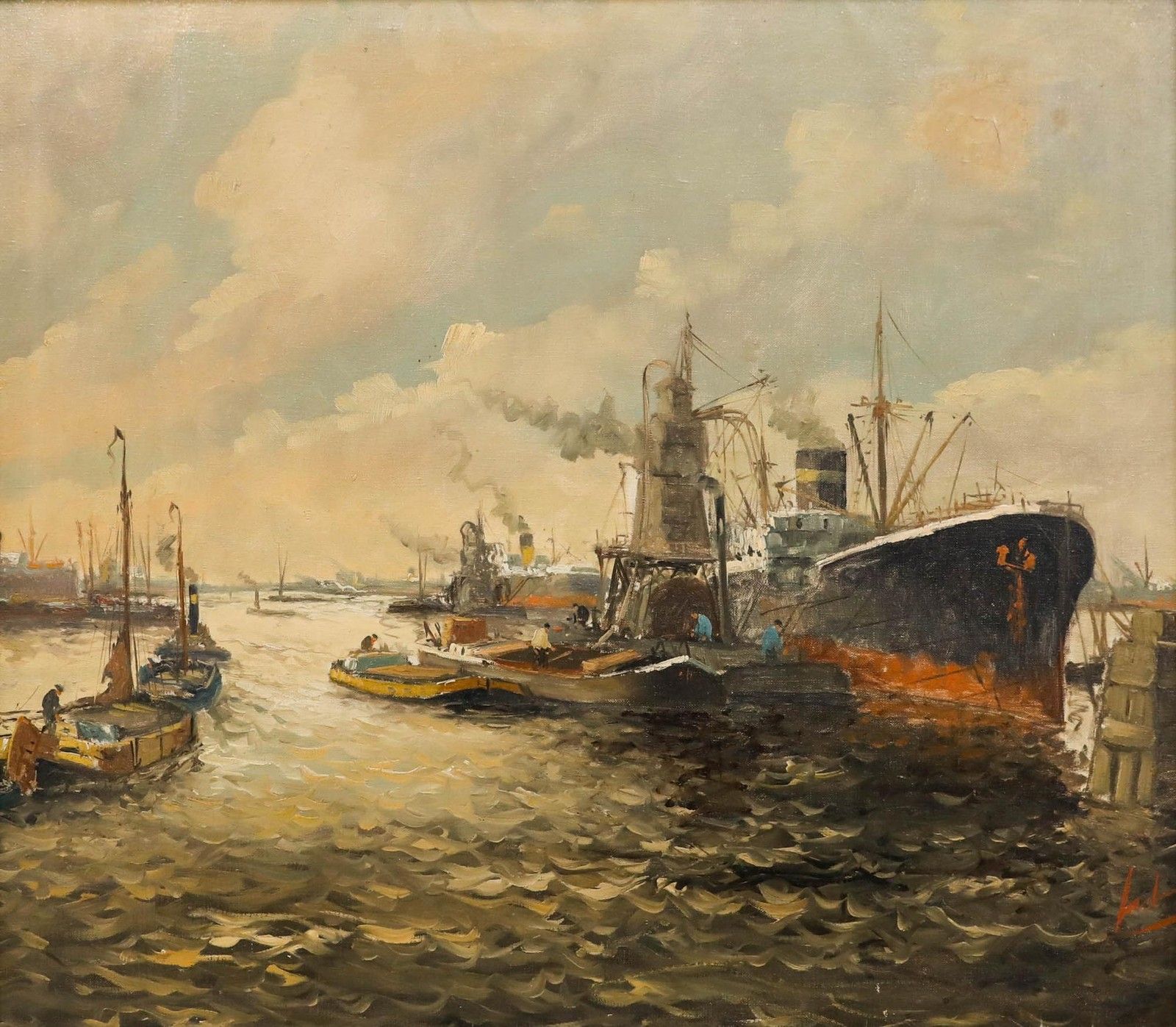 Framed Early 20th Century Oil Early Morning At The Harbour photo furniture