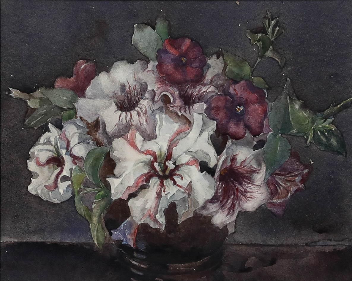 Margaret Worsley Early 20th Century Watercolour, Still Life With Petunias photo furniture