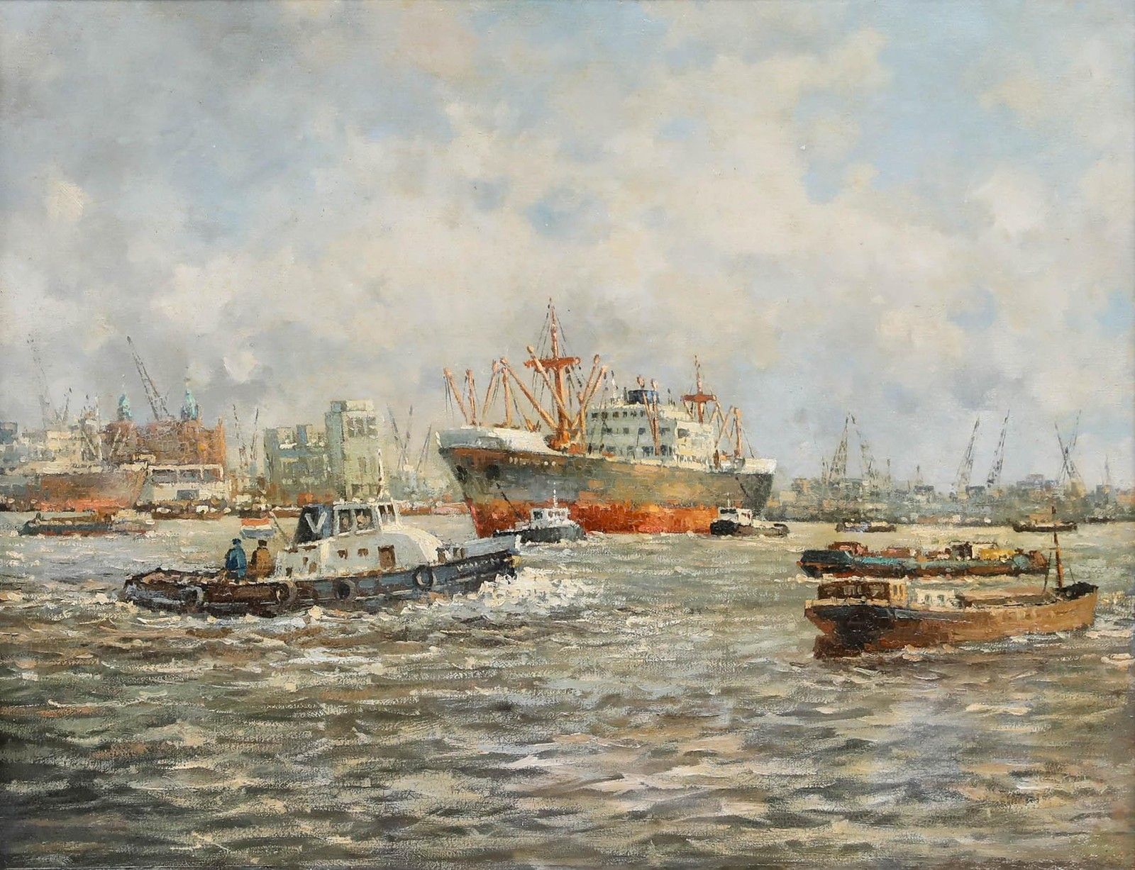 Marinus Johannes De Jongere (1912 1978) Framed Oil, Harbour View Rotterdam photo furniture