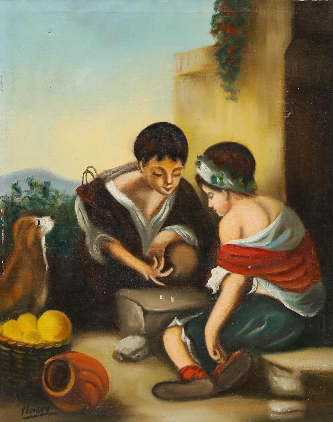 After Bartolome Esteban Murillo Early 20th Century Oil, Playing Dice photo furniture