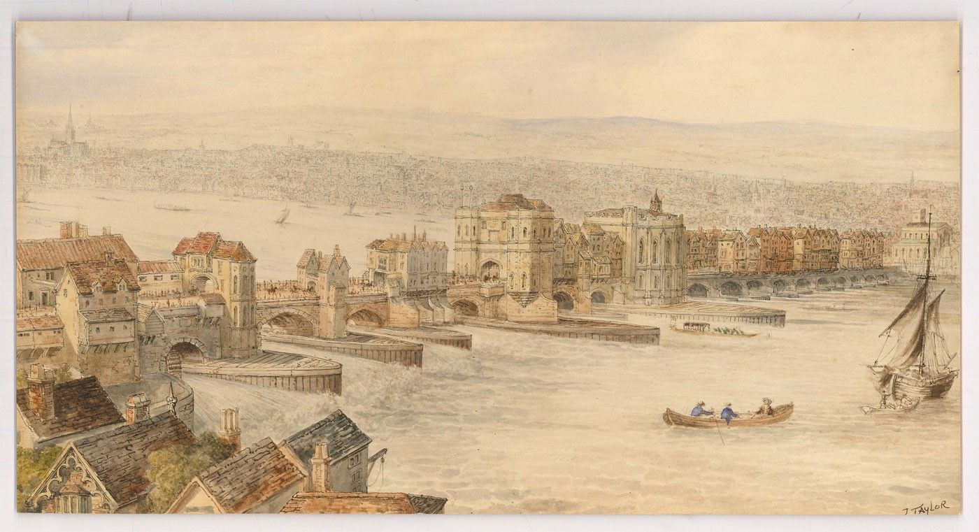 J. Taylor Signed Early 20th Century Watercolour, Old London Bridge photo furniture