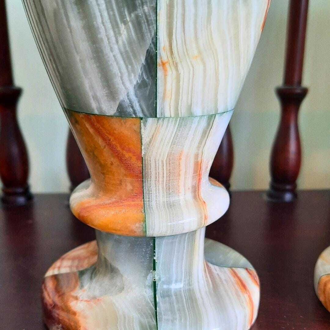 Vintage Green Onyx Checkboard Vases Pair Natural Stone Very Good Condition photo Home Decor