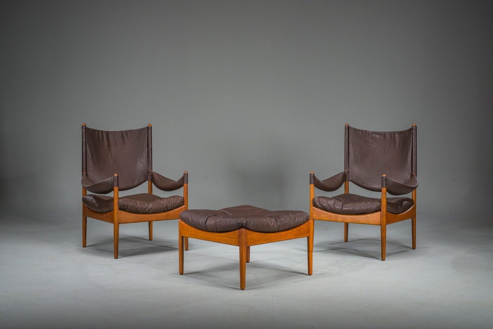 photo buy Mid Century Modern Danish Oak And Leather Lounge Chairs With Ottoman By Kristian Vedel For Søren Wiladsen, 1960s, Set Of 3