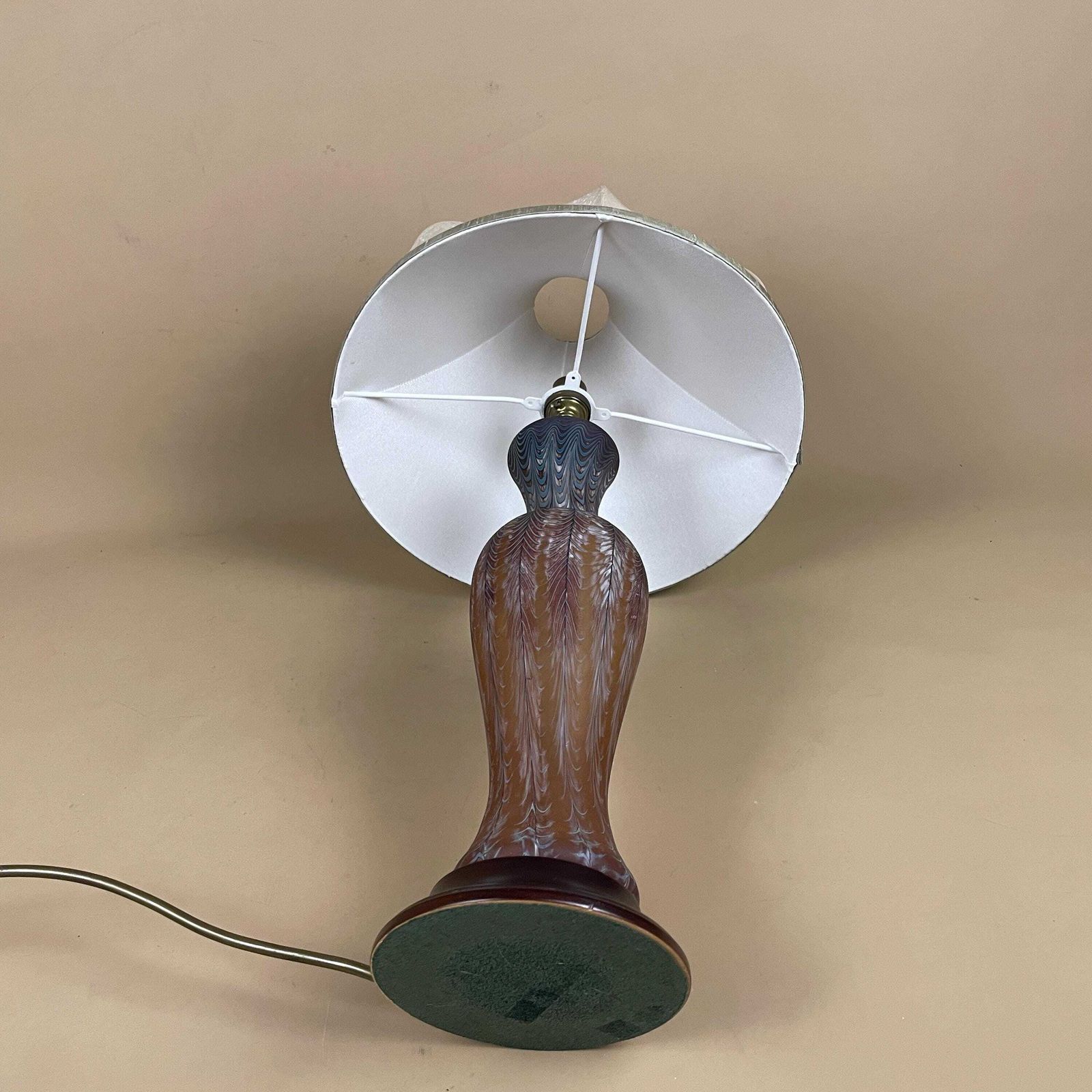 photo for sale Patterned Glass Lamp Light Bedside Table Pattern Orange Silk Dome Lampshade Shade Vase Vintage Antique Wood Base Classic Accent
