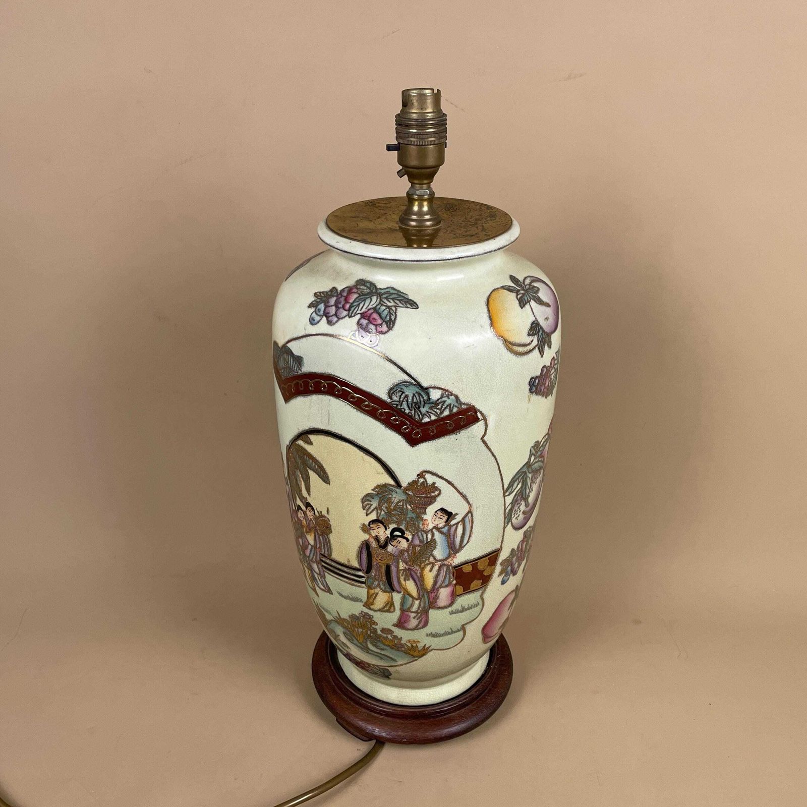 photo for sale Large Oriental  Ceramic Lamp Light Bedside Table Hand Painted Fruit Design Pattern Wood Base Chinese Vase Antique Brass Vintage Ginger Jar