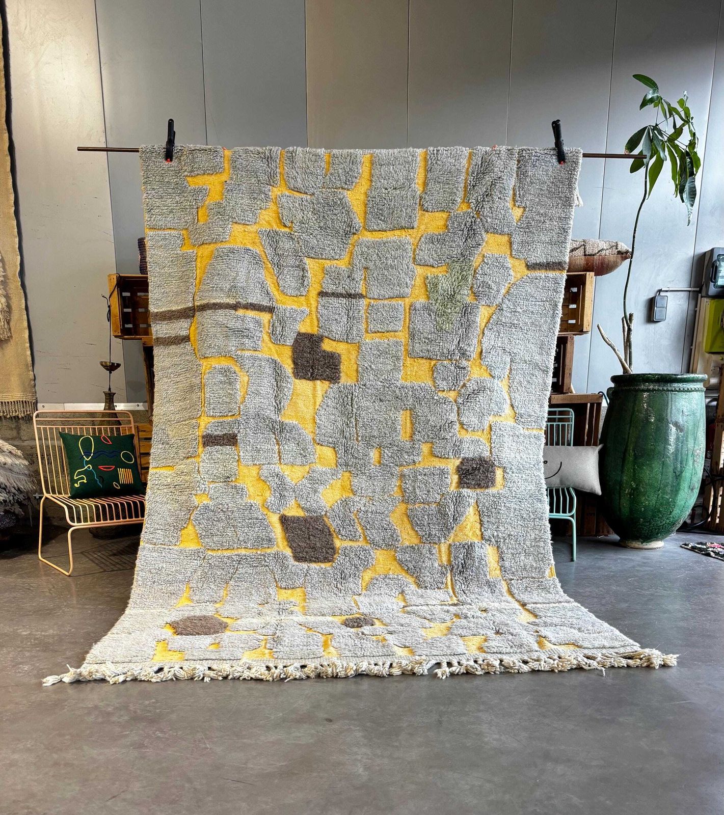 Moroccan Mrirt Rug 190x300 Cm | Handmade Wool Area Rug | Yellow And Gray Abstract Design | Luxury Berber Rug | Free Worldwide Shipping
