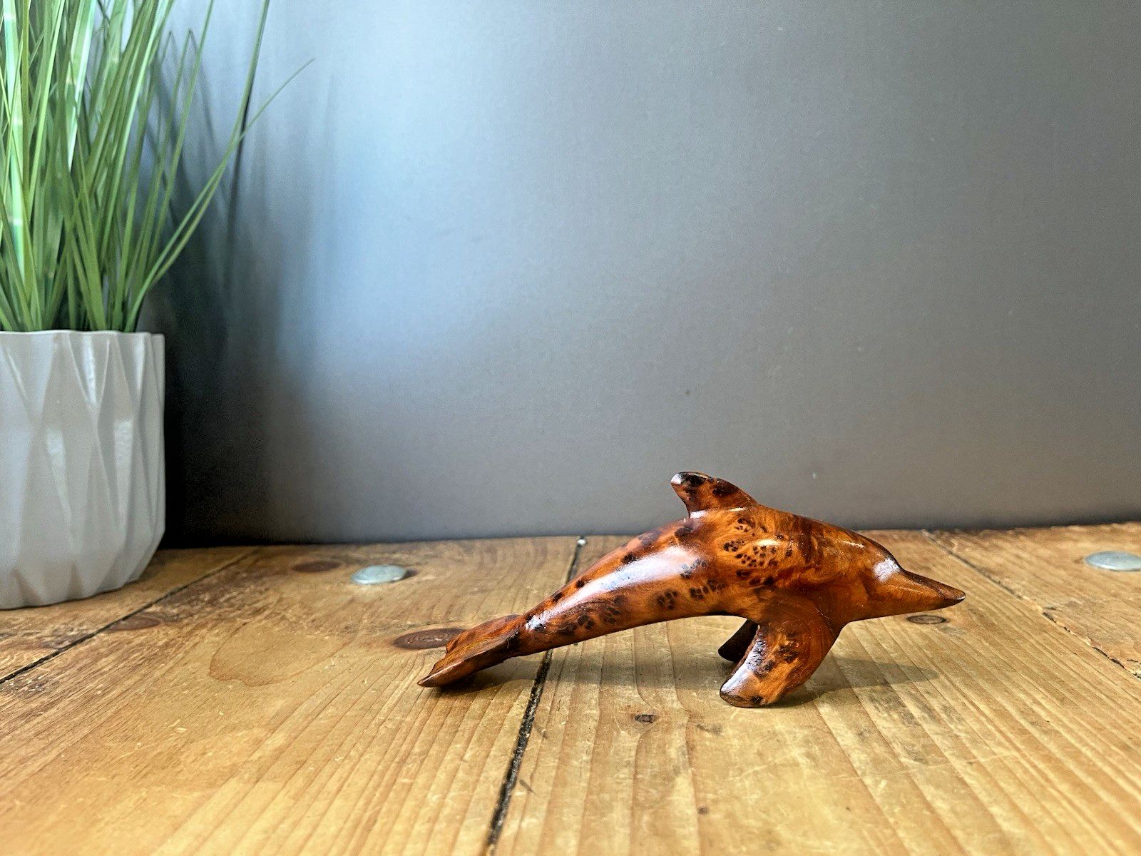 Art Vintage 80's Hand Carved Burr Walnut Dolphin Sculpture Treen Wooden Ornament photo