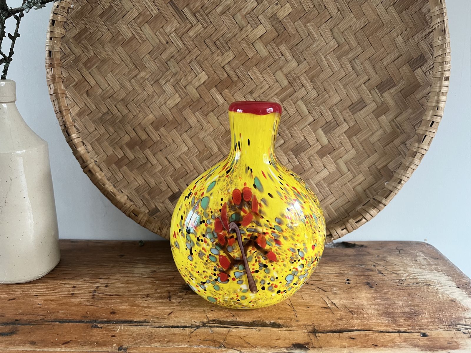 Mid Century Yellow Confetti Murano Style Vase With Red Flower Branch And Millefiori photo furniture