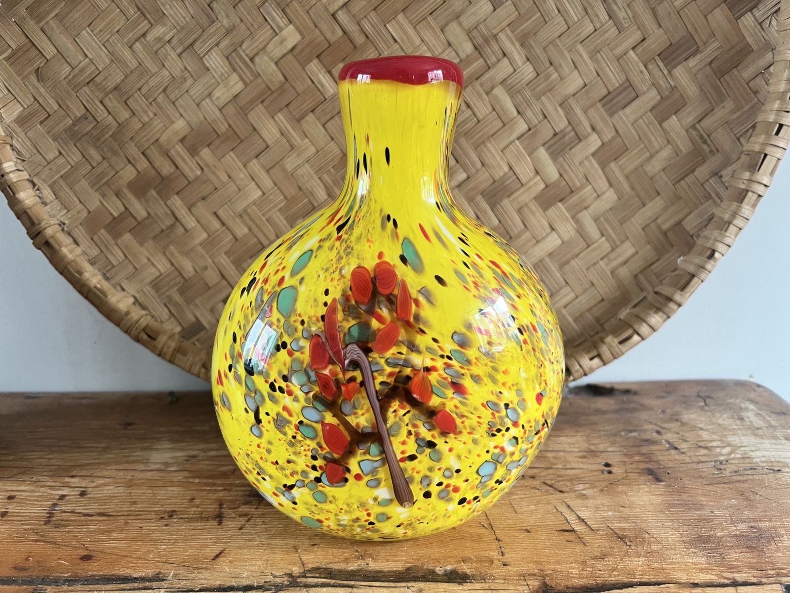 Mid Century Yellow Confetti Murano Style Vase With Red Flower Branch And Millefiori photo for sale