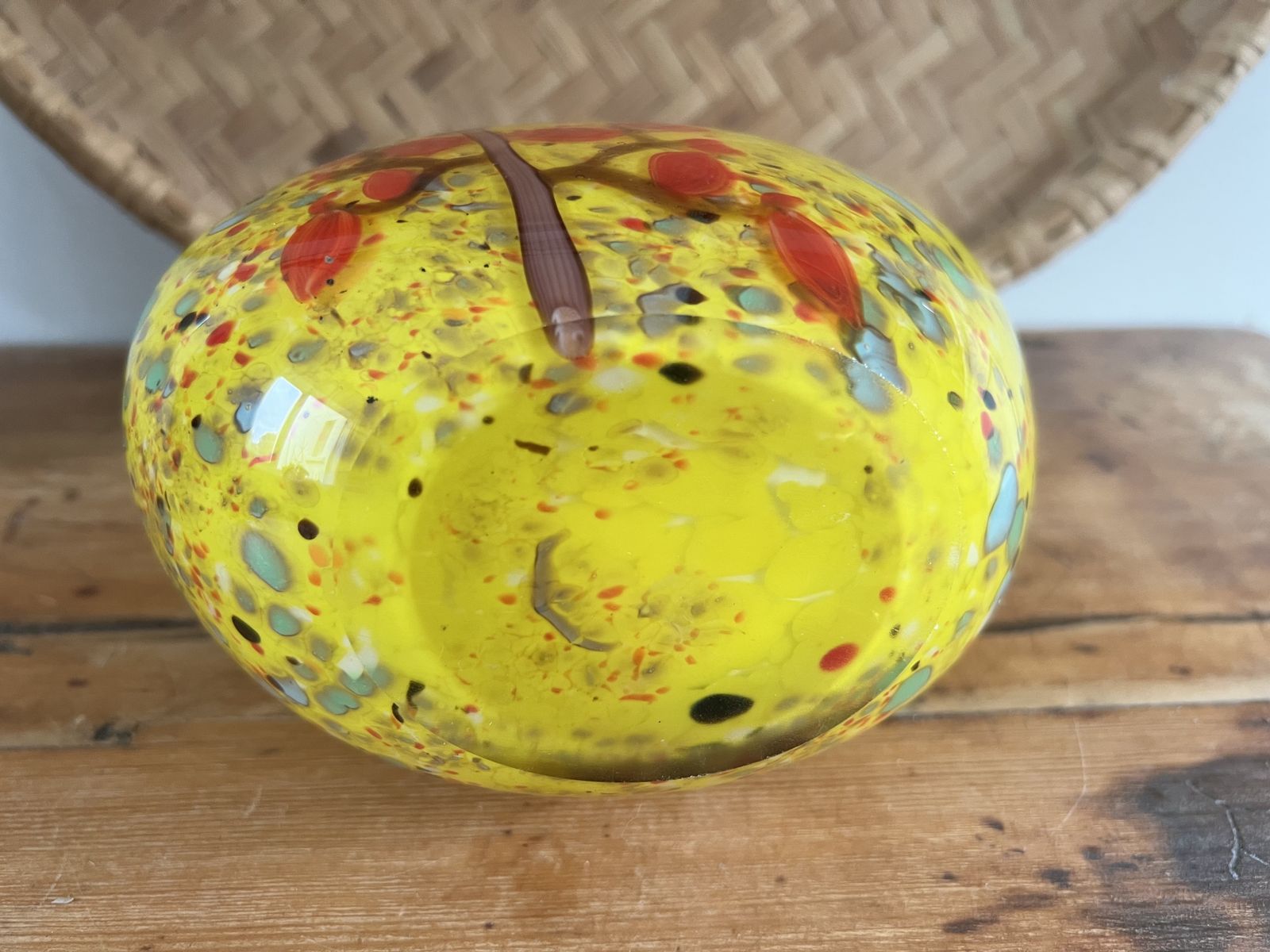 Mid Century Yellow Confetti Murano Style Vase With Red Flower Branch And Millefiori photo vinterior