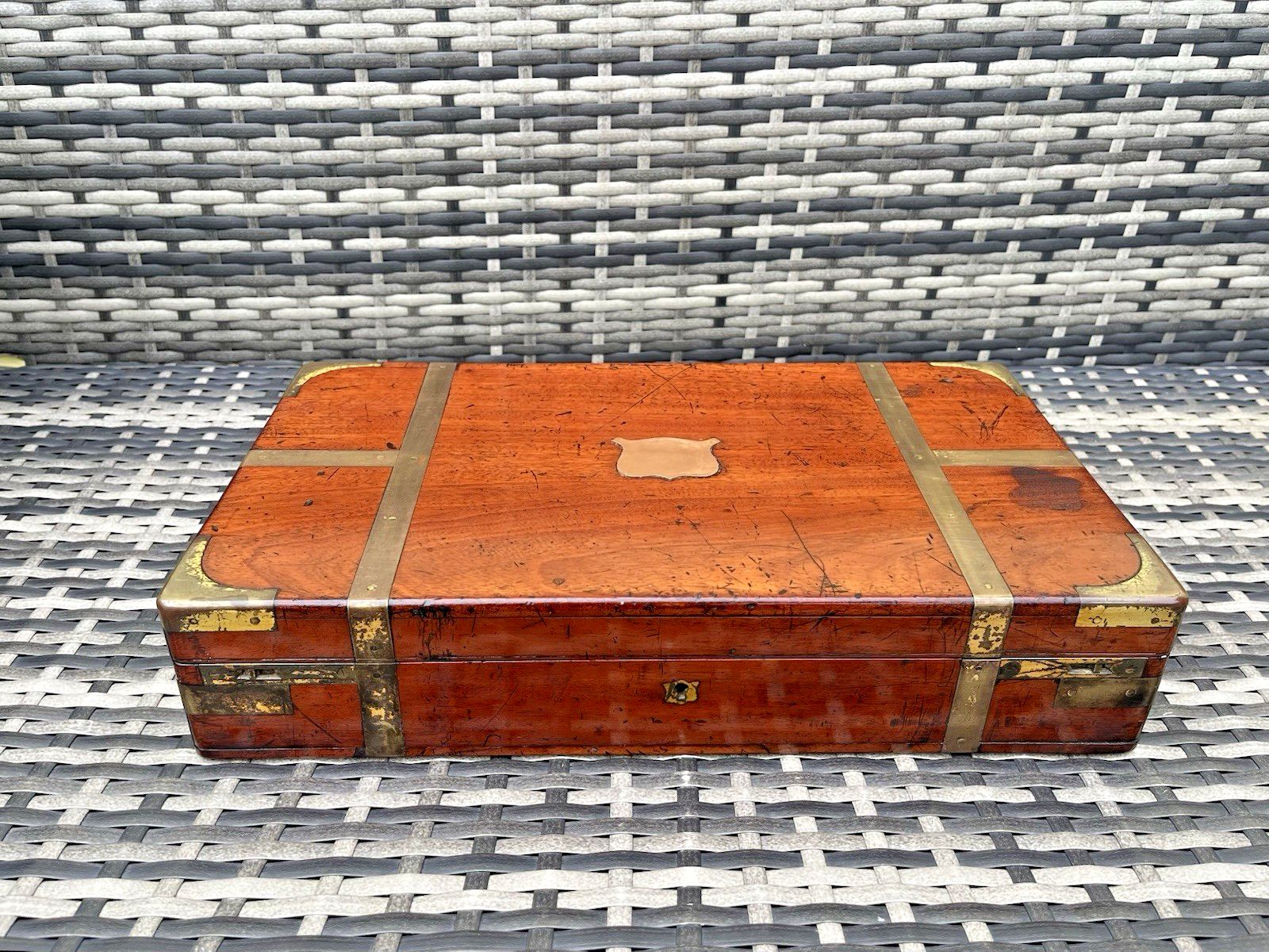 Home Decor Large Antique Campaign Style Rosewood Brass Bound Coroners Wooden Tool Desk Box photo