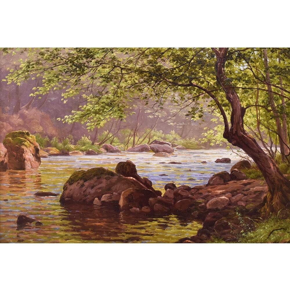 Antique Landscape With River Painting, Edmond His, XX Century. (Qp703) photo for sale