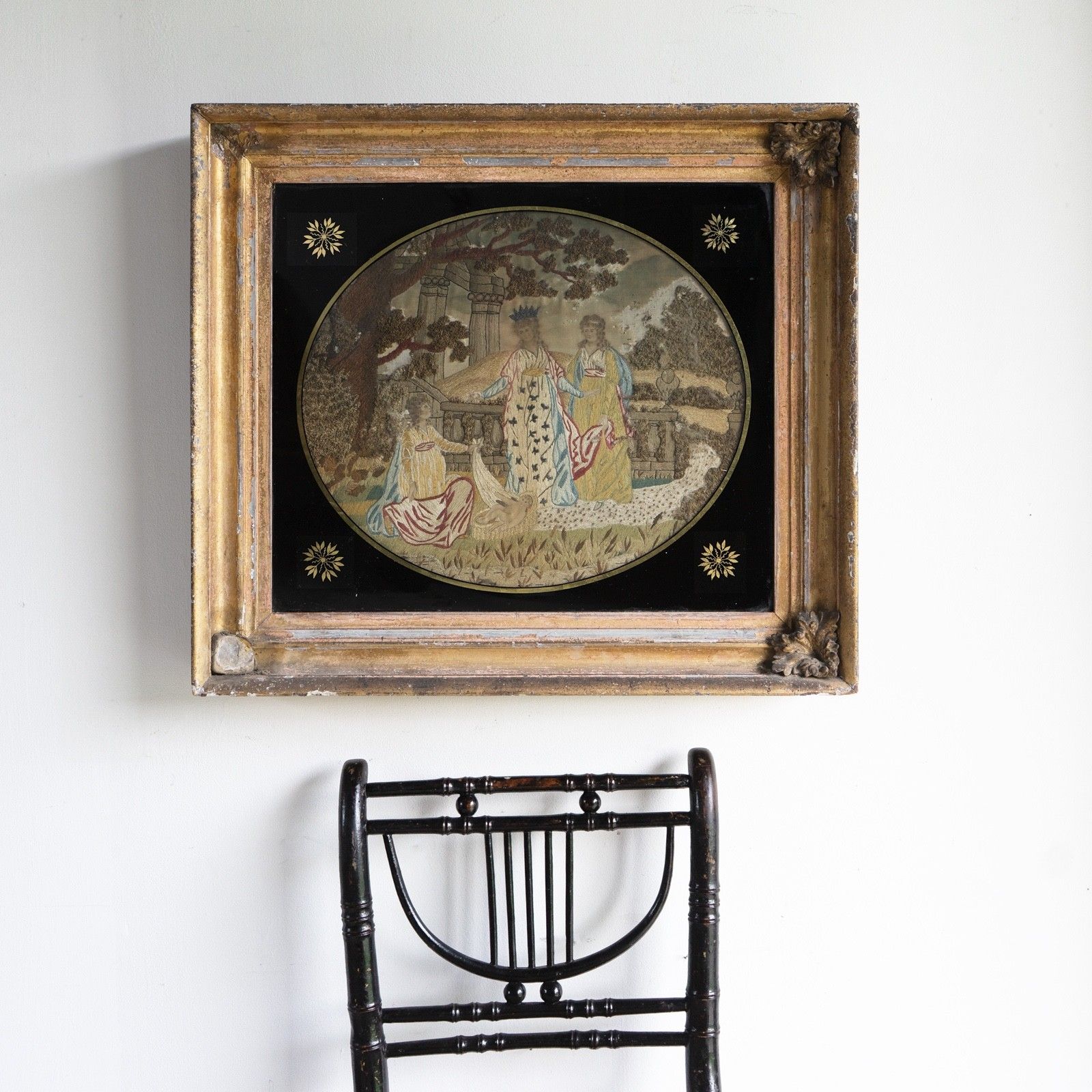 Antique Georgian Silkwork Embroidery, Moses In The Bullrushes, Verre Eglomise photo for sale