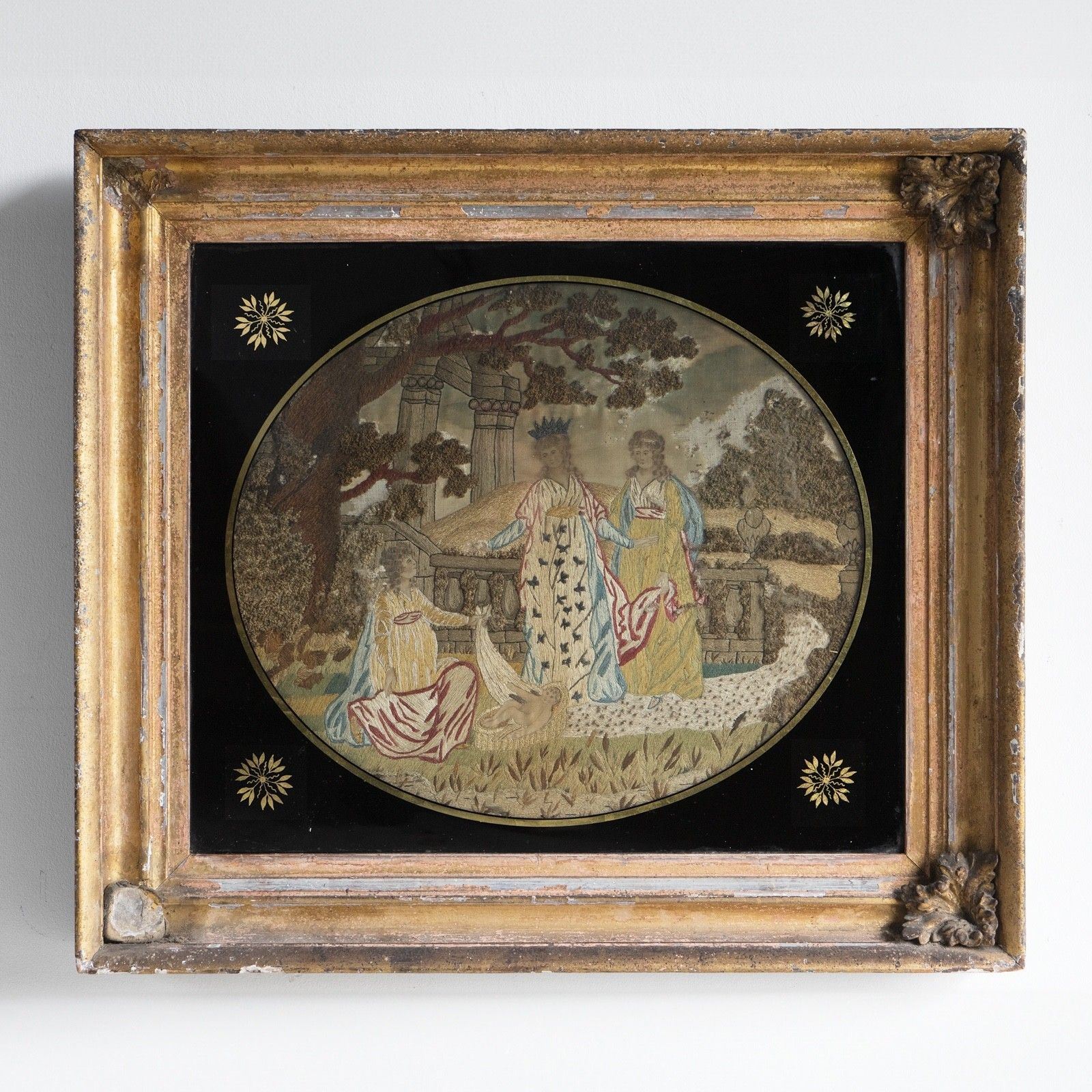 Antique Georgian Silkwork Embroidery, Moses In The Bullrushes, Verre Eglomise photo Art