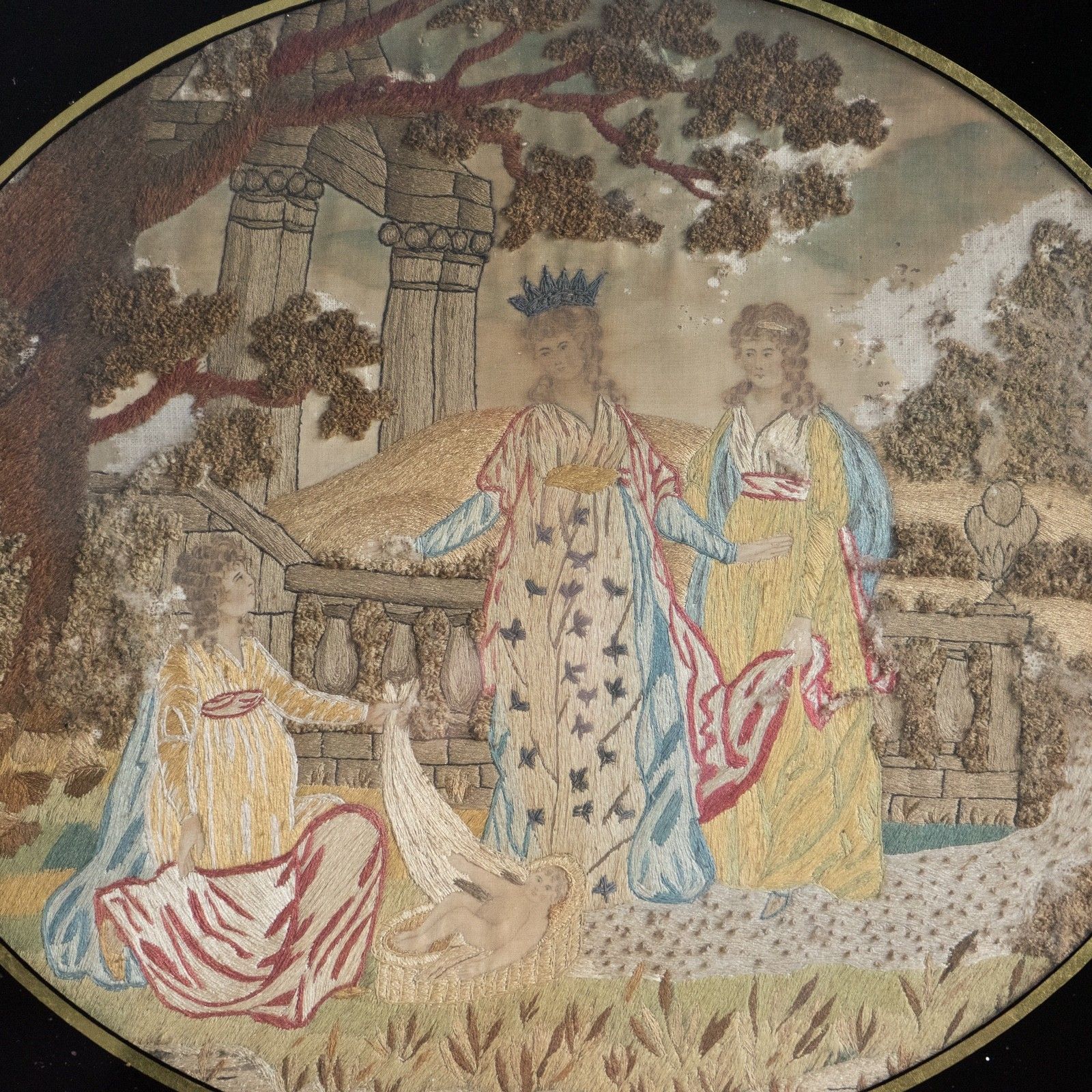Antique Georgian Silkwork Embroidery, Moses In The Bullrushes, Verre Eglomise photo 520.0