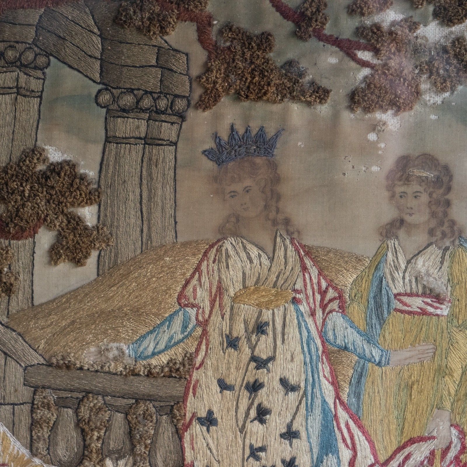 photo furniture Antique Georgian Silkwork Embroidery, Moses In The Bullrushes, Verre Eglomise