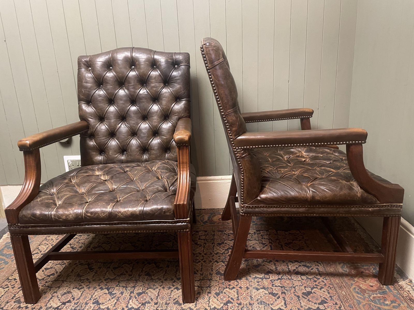 Vintage Pair Of Handmade English Leather Chesterfield Gainsborough Armchairs photo vintage