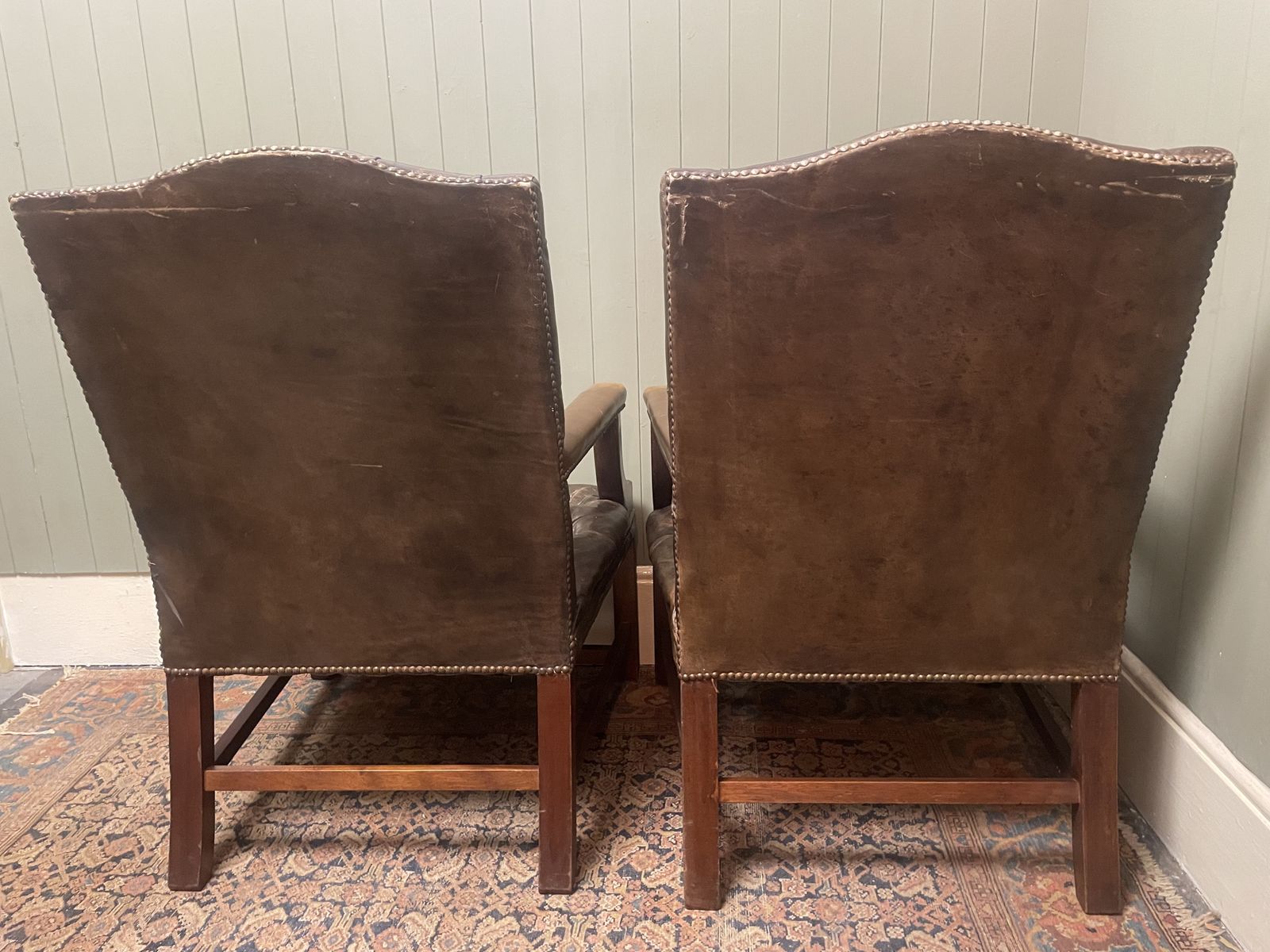 Furniture Vintage Pair Of Handmade English Leather Chesterfield Gainsborough Armchairs photo