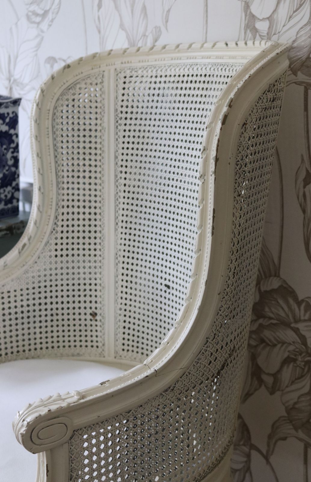Vintage French White Rattan Bergere High Back Armchair photo buy