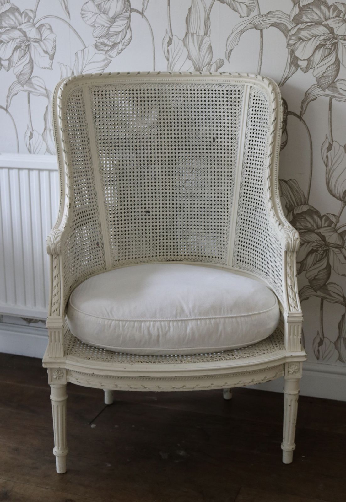 550.0 Vintage French White Rattan Bergere High Back Armchair photo