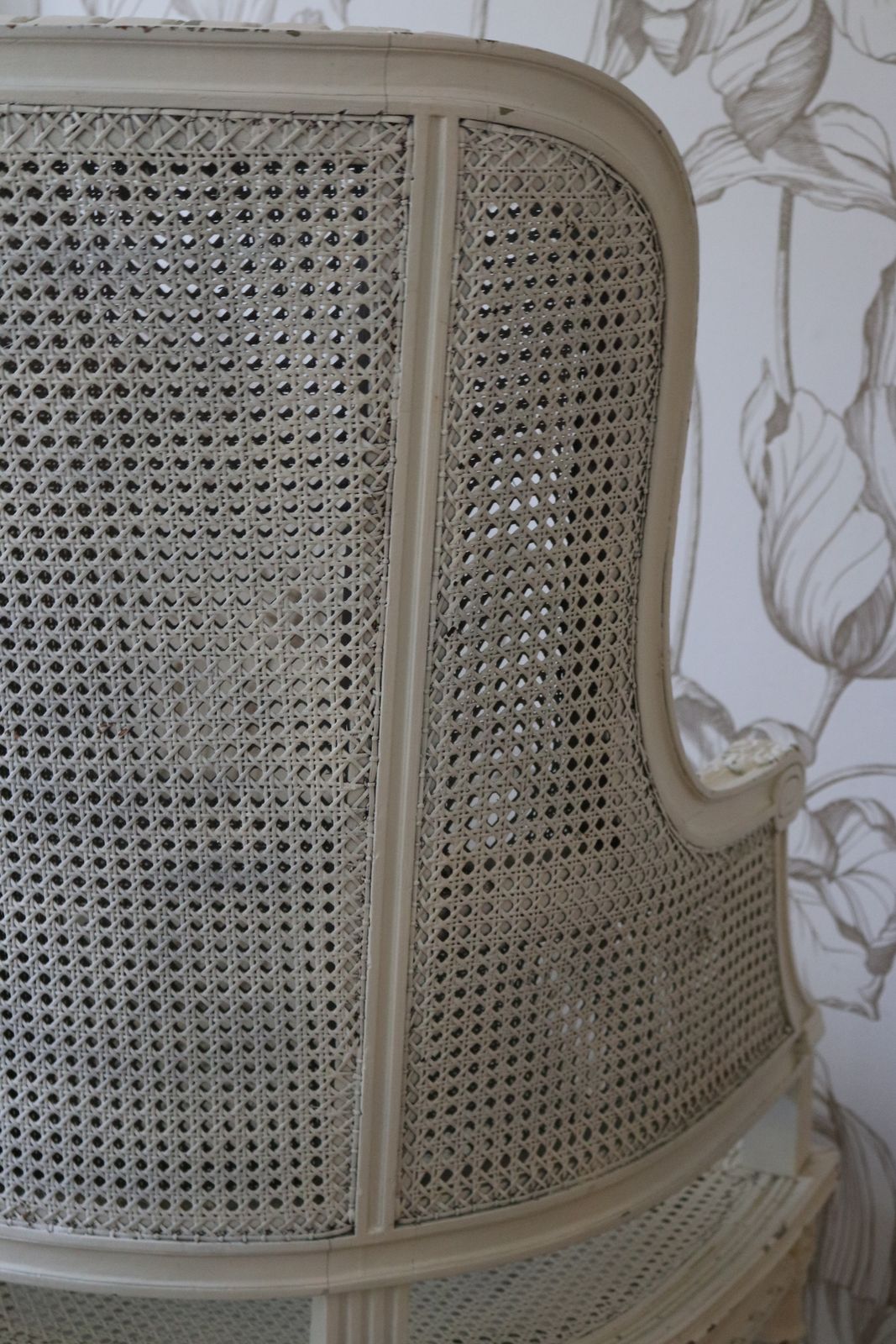 photo vintage Vintage French White Rattan Bergere High Back Armchair