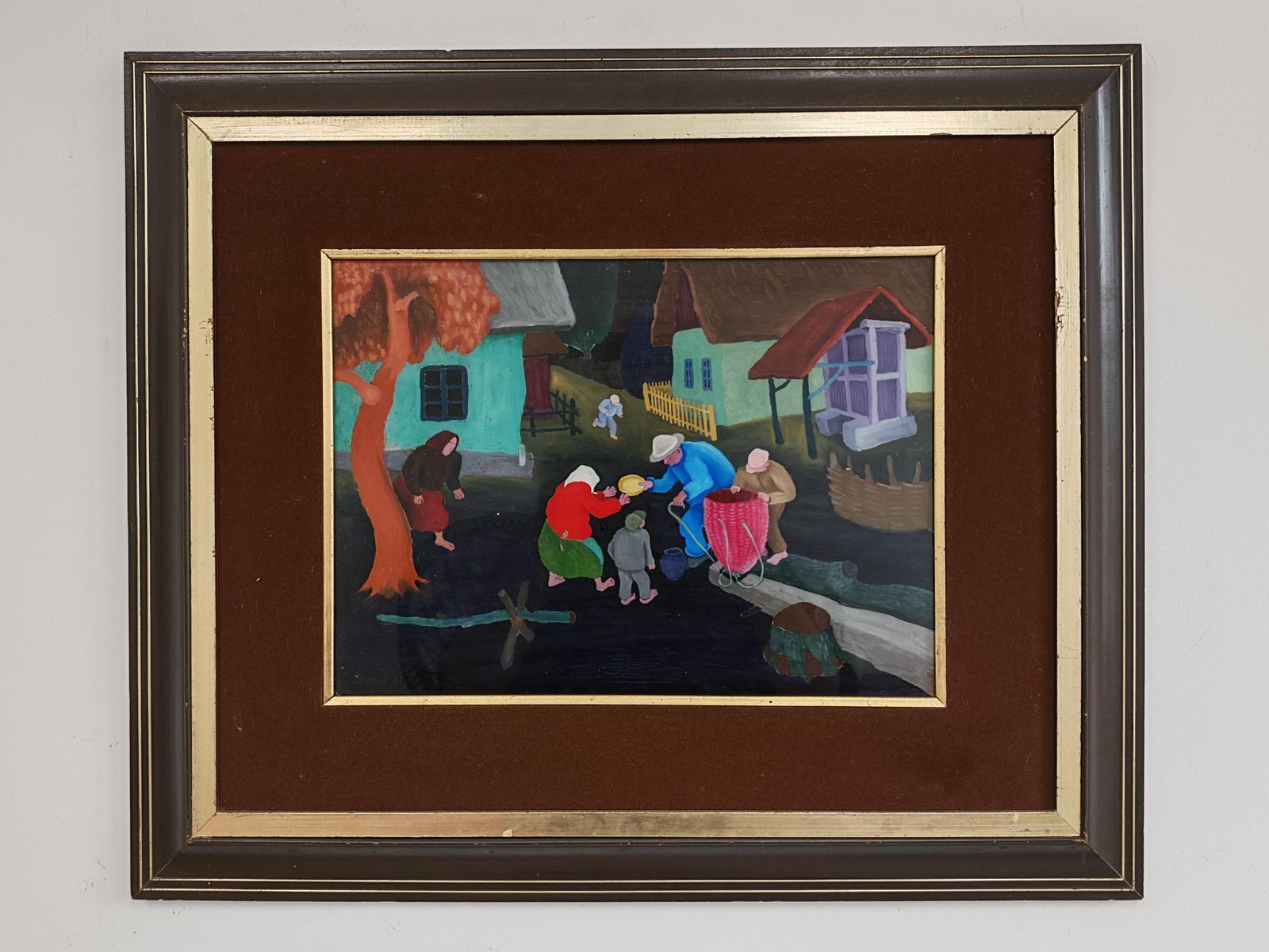 Naive Art Painting, "Village Scene" By Stjepan Stolnik, Yugoslavia 1960 photo furniture